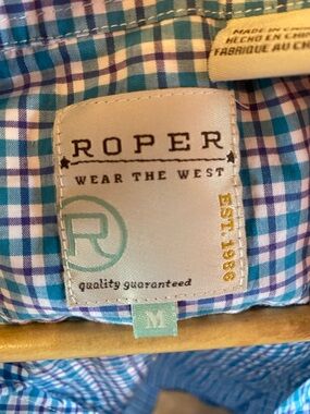 Roper Short Sleeve Plaid Button-Up Shirt - Blue/Turquoise (sorry about wrinkles)